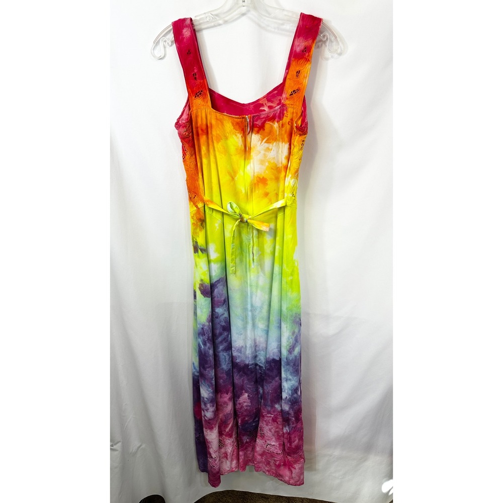 Tie Dye Medium Maxi Dress Handmade Rainbow Eyelet Hem Sleeveless Vacation 1760 - Picture 3 of 15